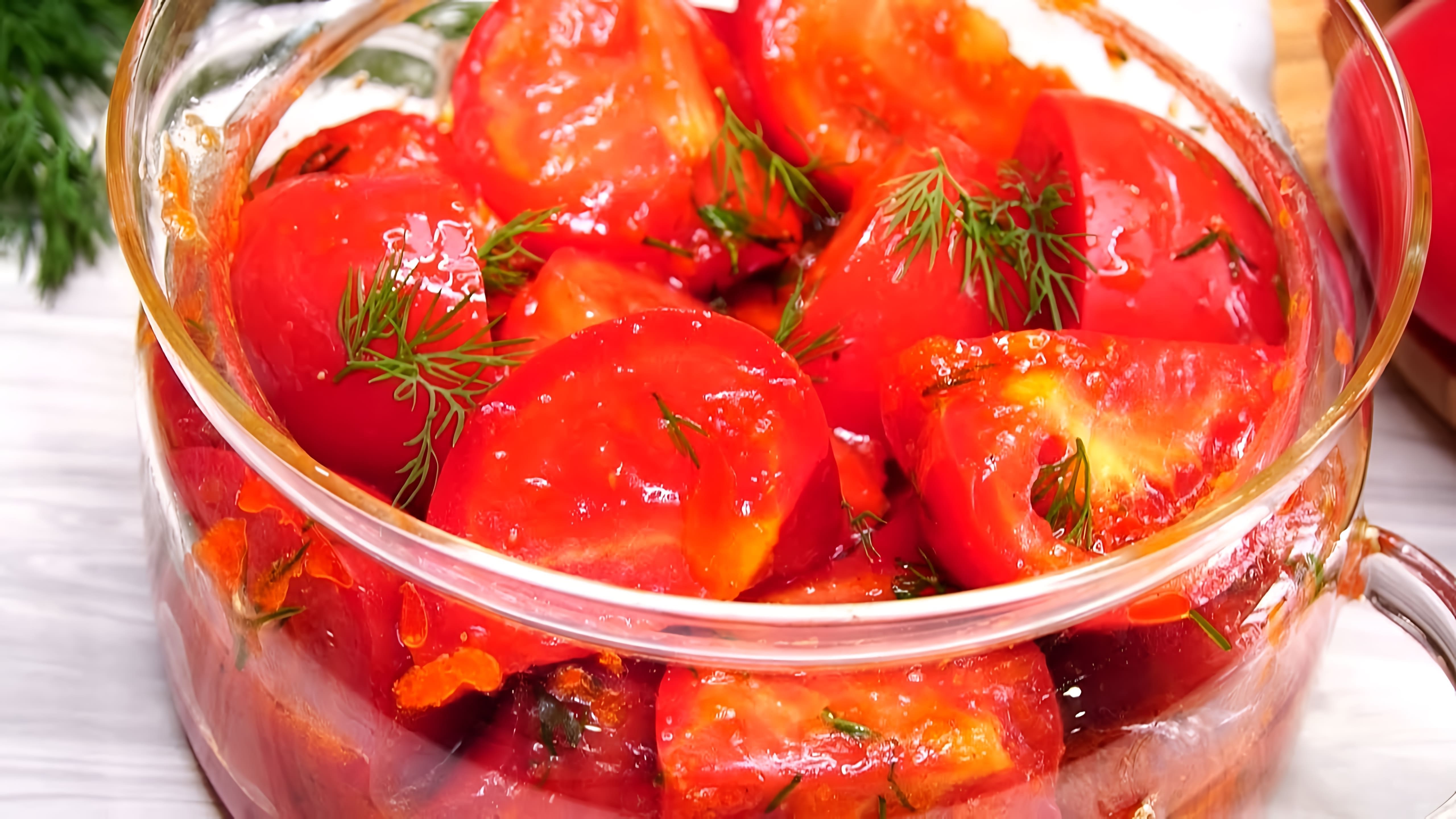 В этом видео демонстрируется рецепт приготовления закуски из свежих помидоров