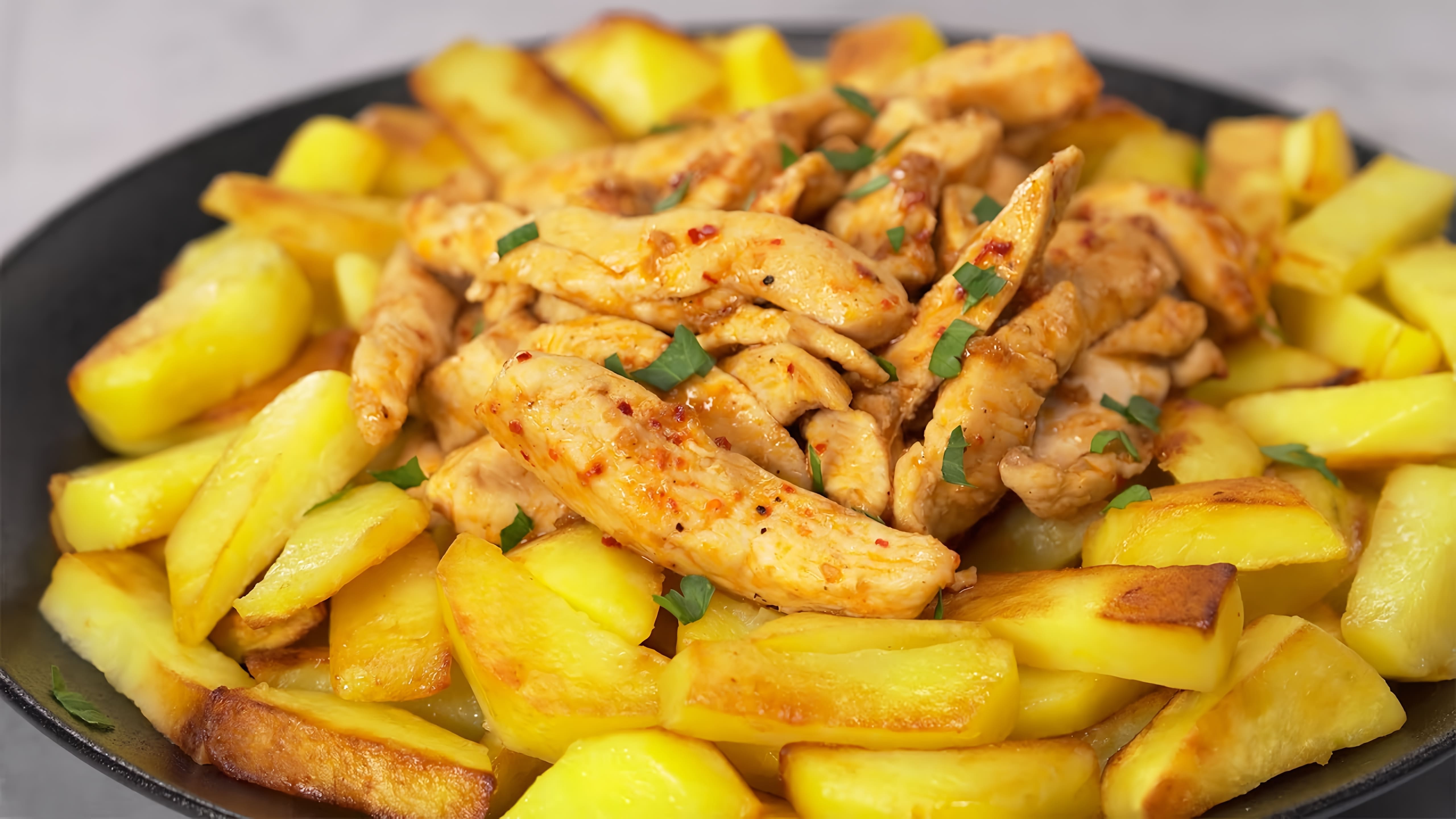 В этом видео демонстрируется рецепт приготовления жареной картошки с курицей