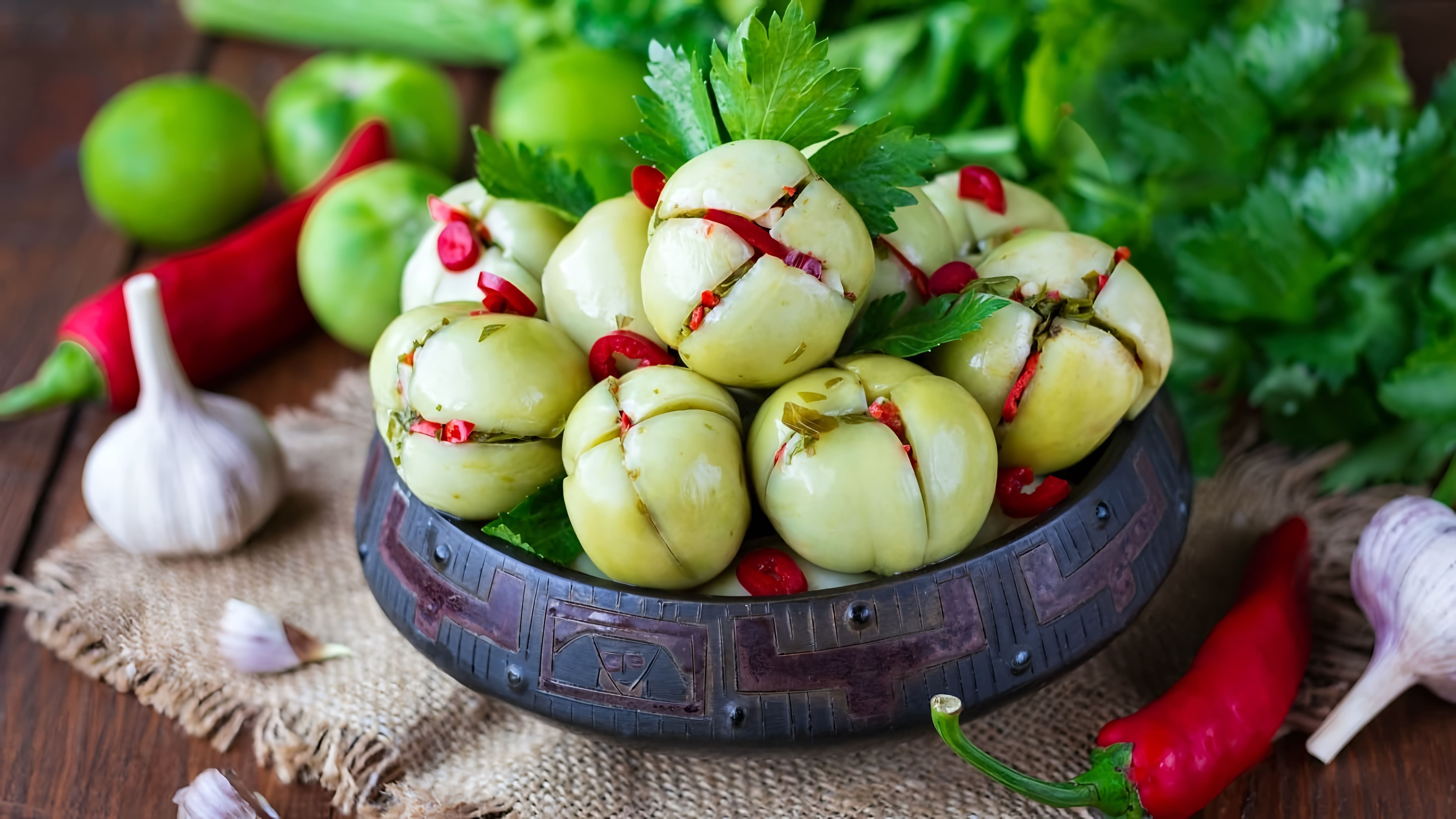 В этом видео демонстрируется рецепт приготовления зеленых помидоров по-грузински