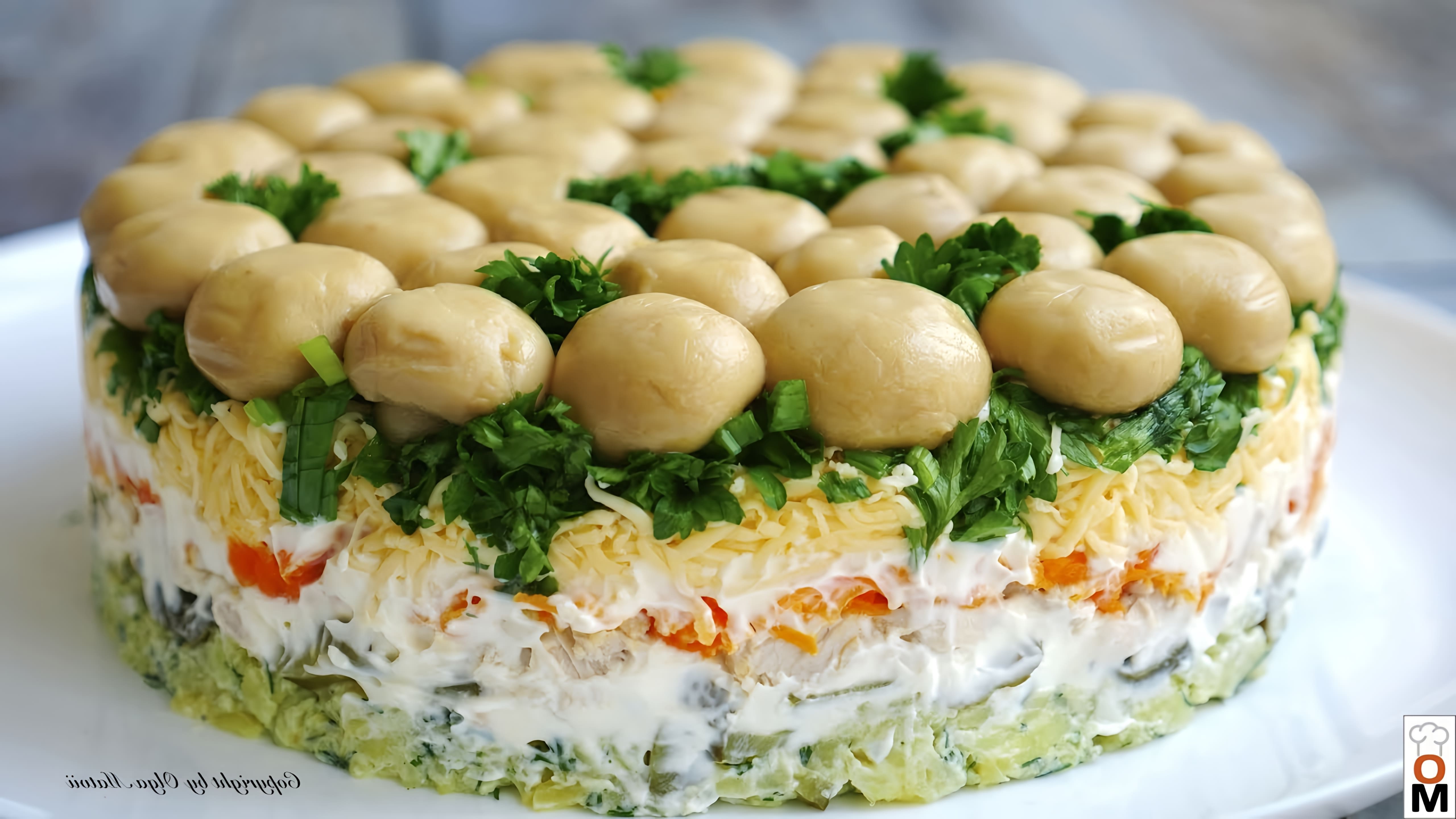 Салат называется "Грибная поляна" и является популярным блюдом, сравнимым по популярности с салатом Оливье