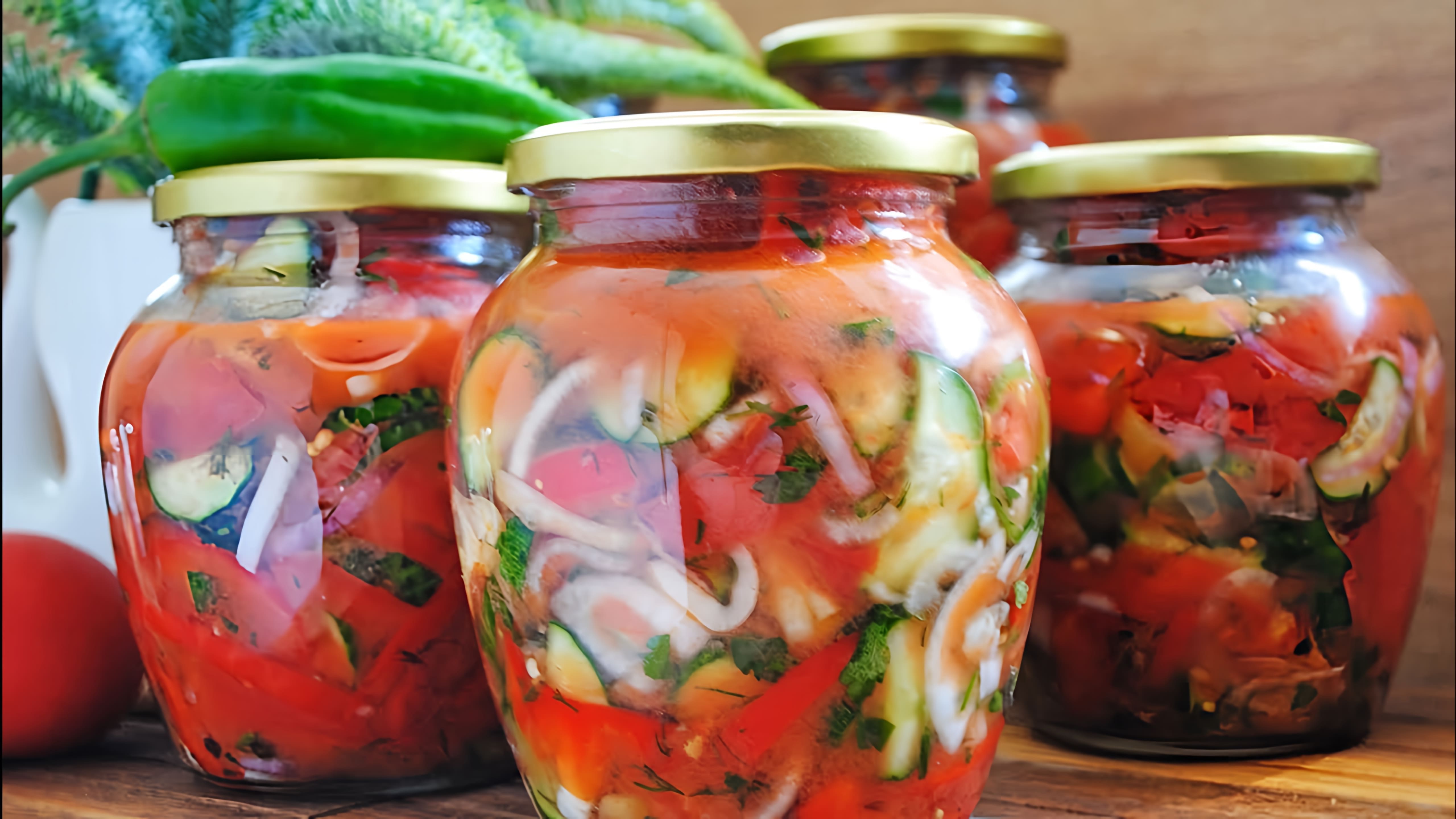 Видео как приготовить зимний овощной салат с помидорами, огурцами, сладкими перцами и луком