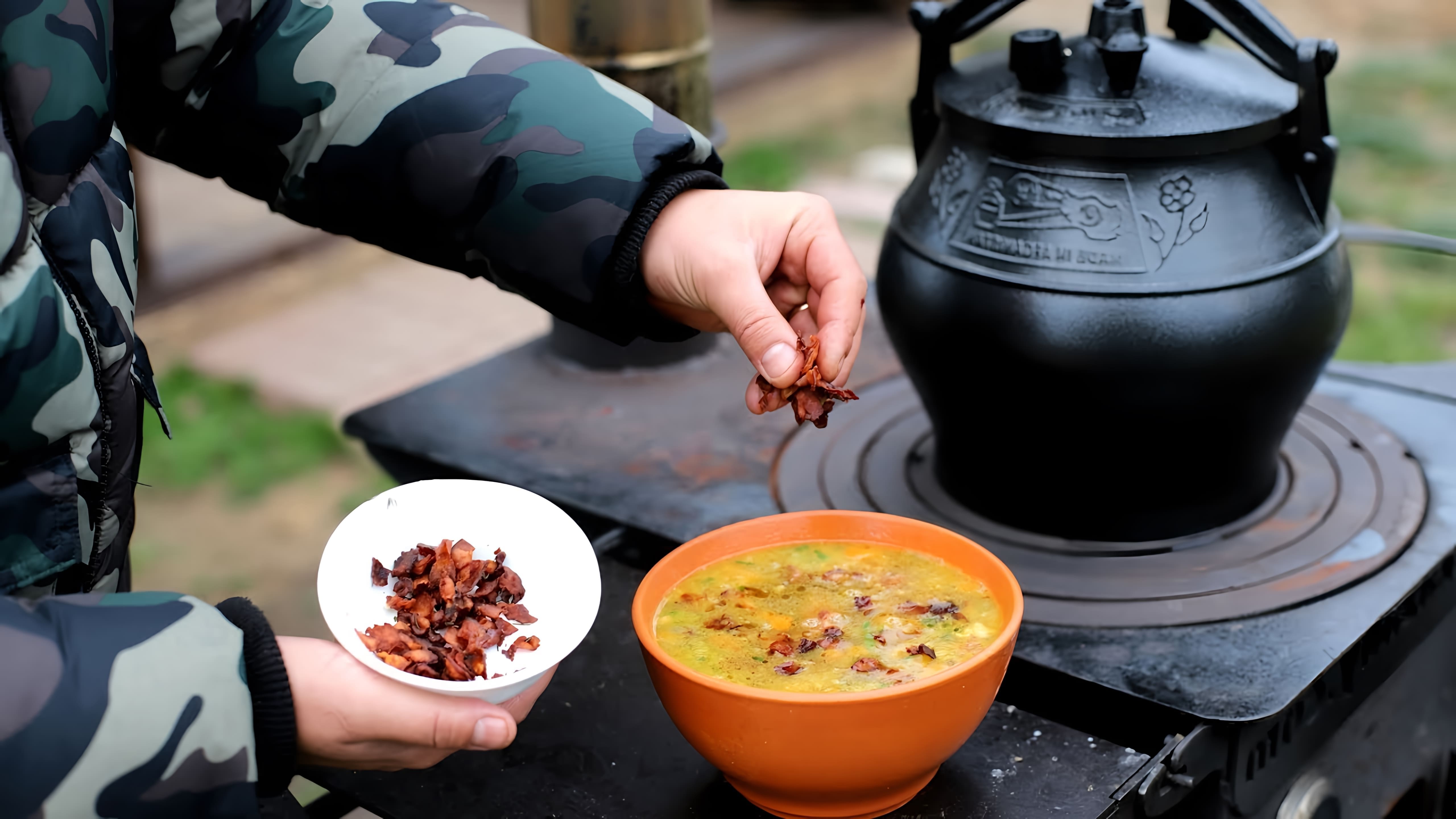 Видео как приготовить гороховый суп с копченым мясом и беконом в афганском котле/горшке