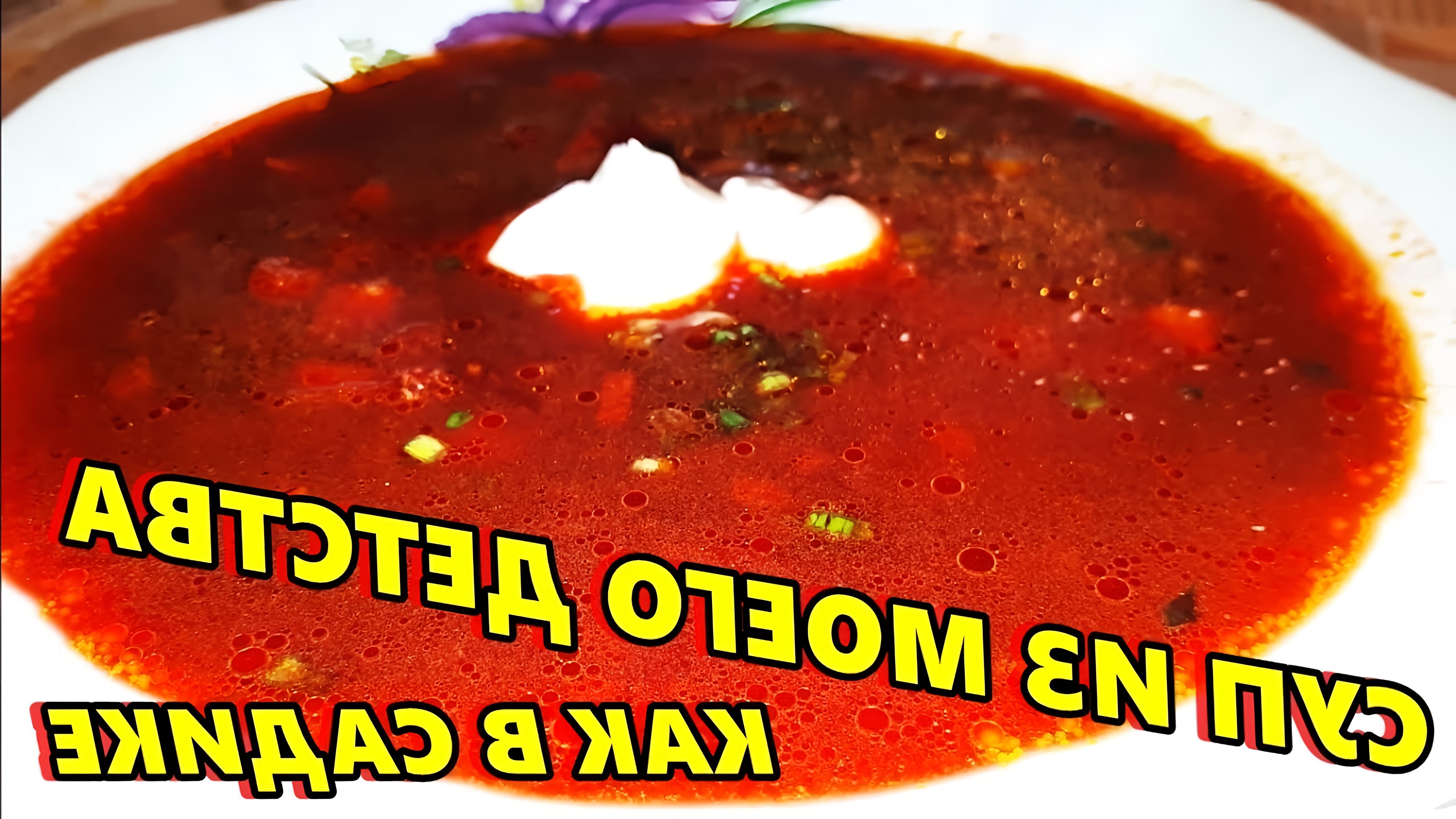 В этом видео демонстрируется рецепт приготовления свекольника - горячего супа из свеклы, картофеля, лука, моркови, чеснока, красного болгарского перца и томатной пасты