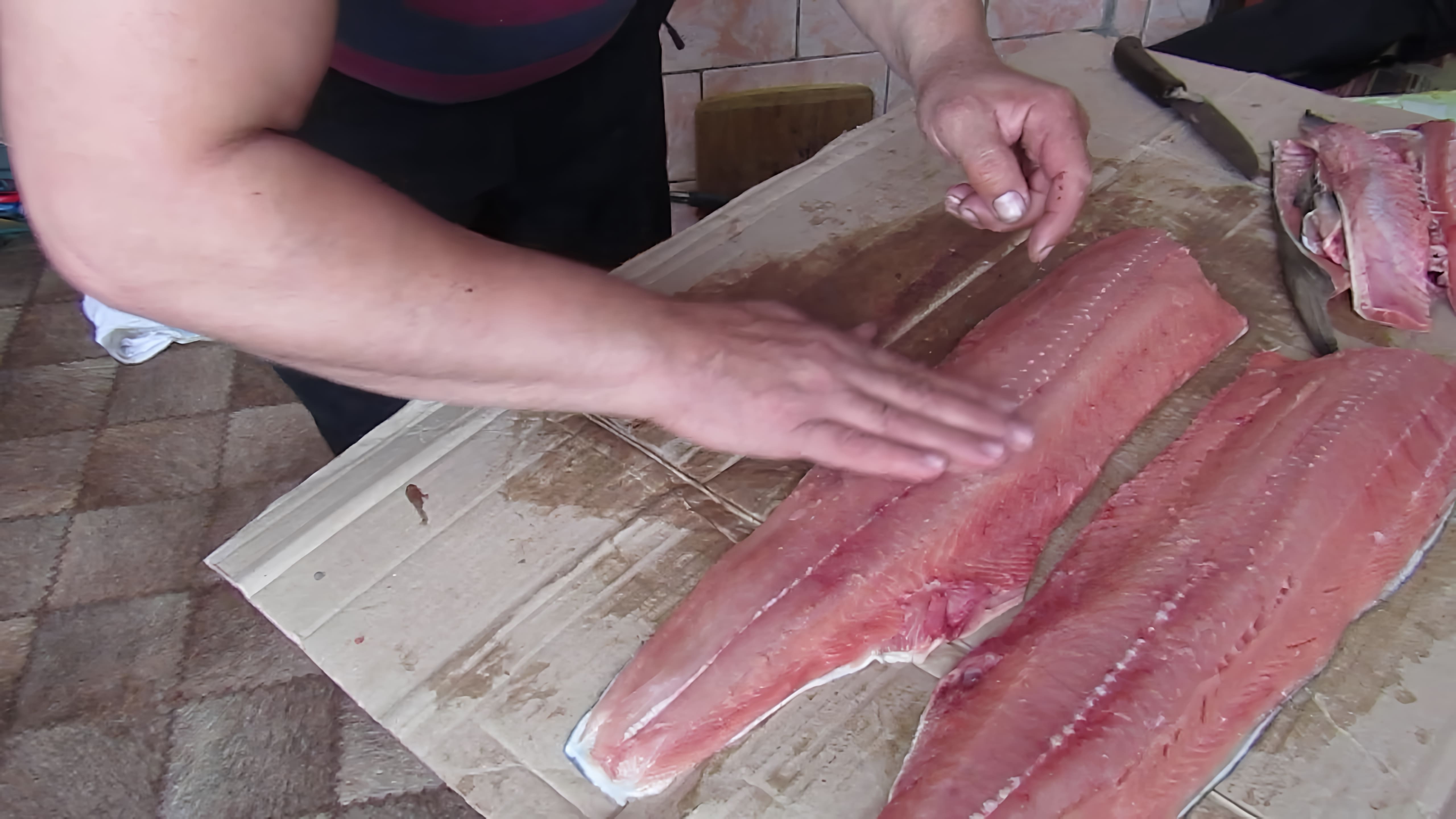 В данном видео демонстрируется процесс разделки красной рыбы (кеты) для засолки
