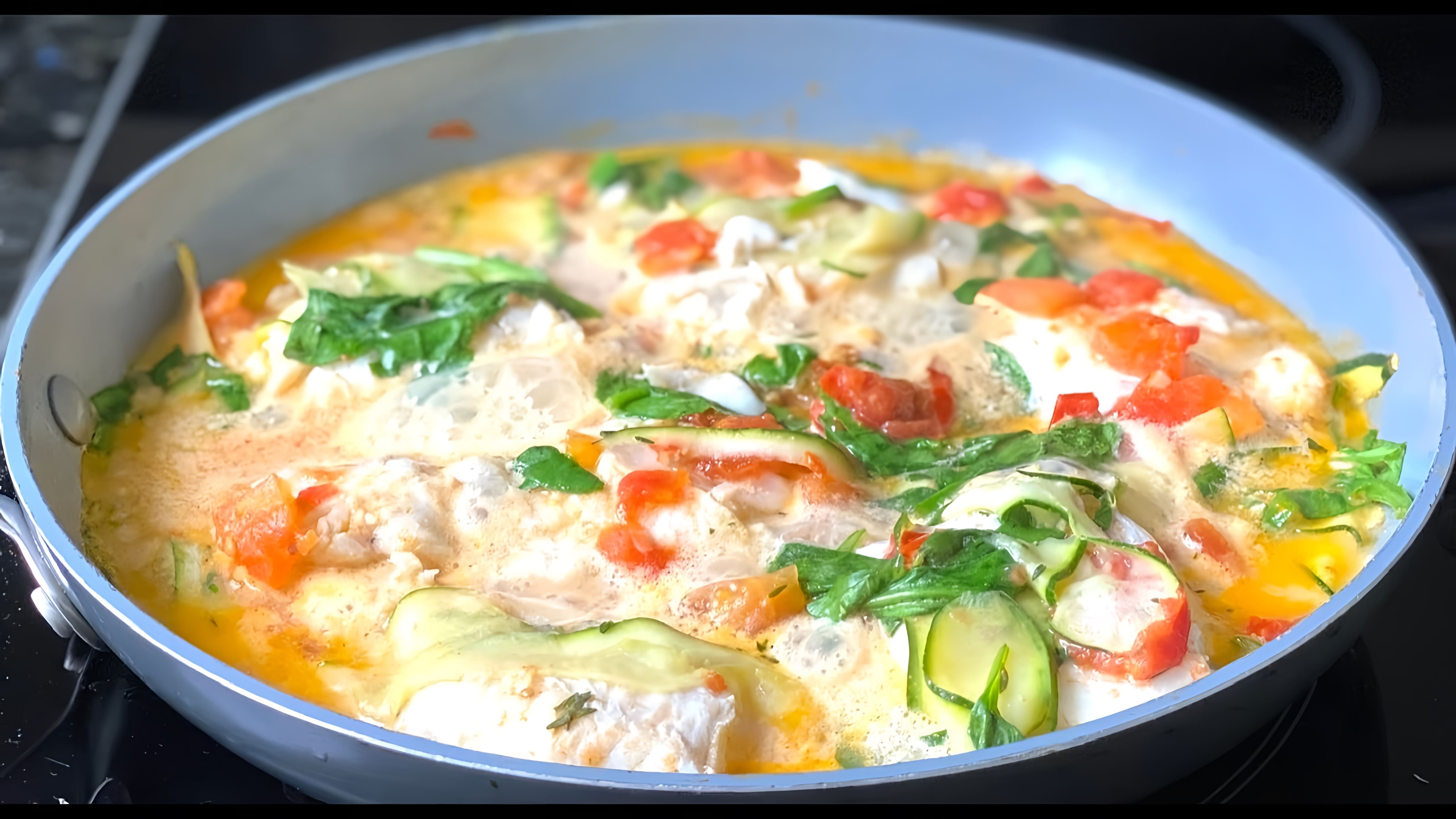 В этом видео демонстрируется процесс приготовления филе белой рыбы в соусе из помидоров, чеснока, кабачка и молока