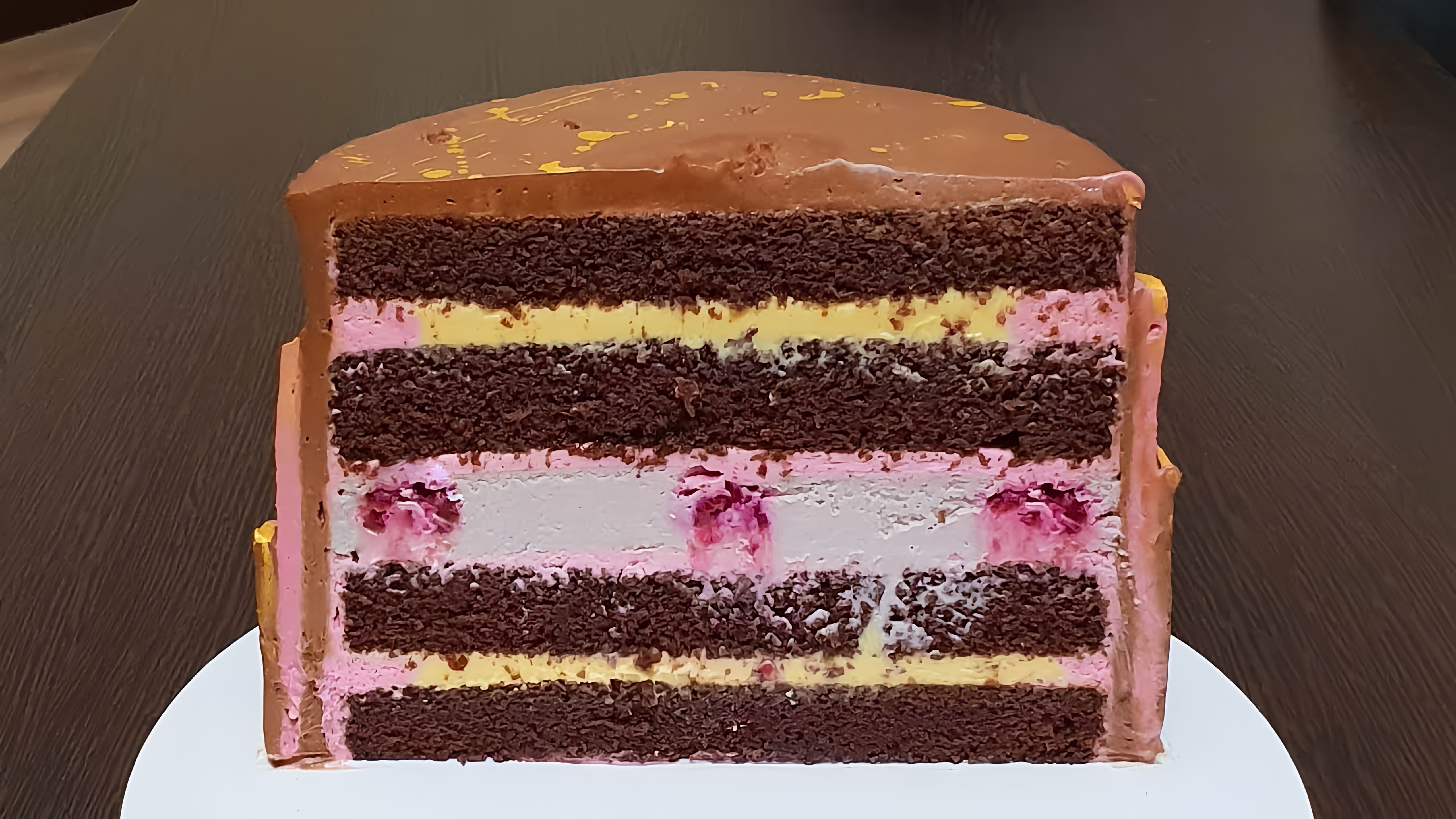 В этом видео демонстрируется рецепт торта с шоколадными коржами, малиновым чизкейком и малиновым кремом