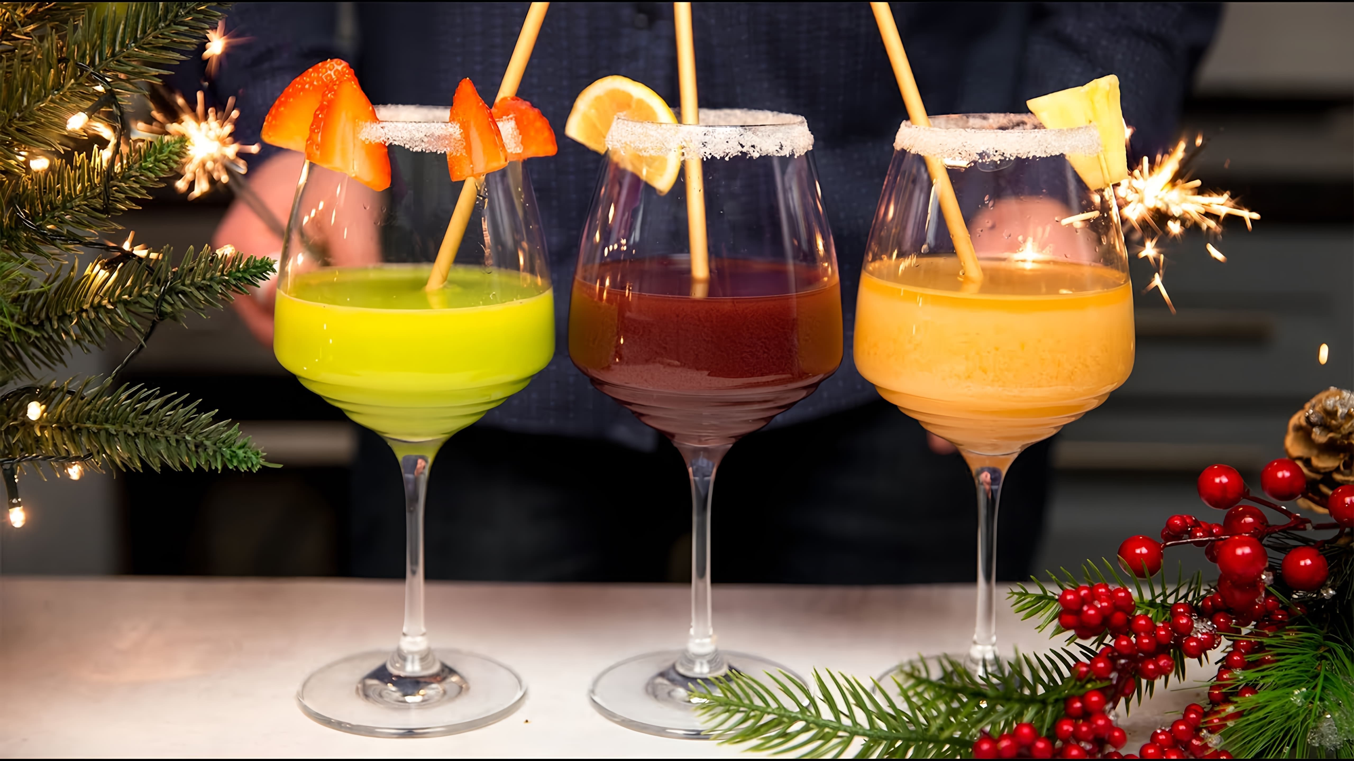 В этом видео демонстрируются рецепты трех алкогольных коктейлей, которые можно приготовить на Новый год 2024