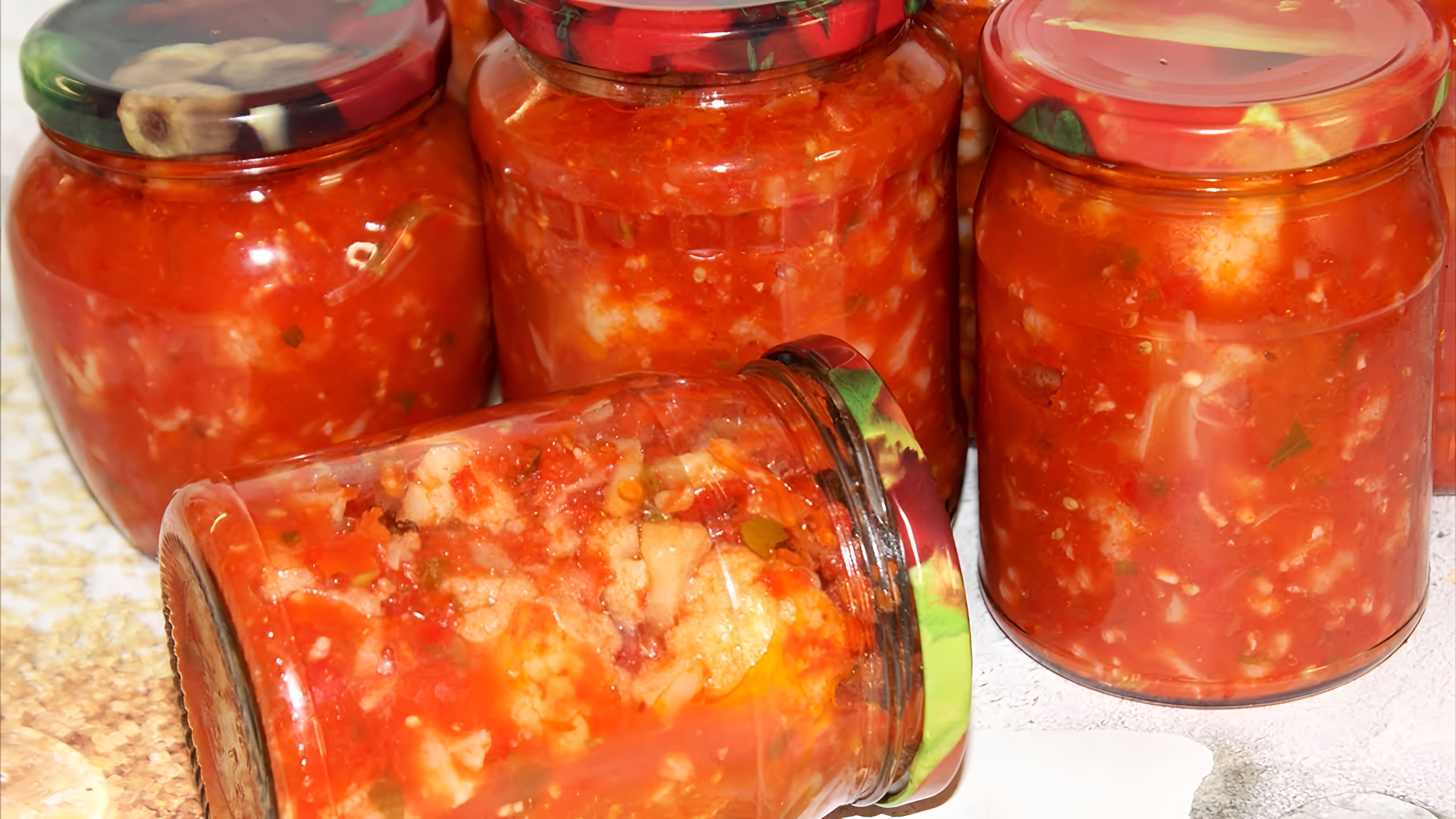 В этом видео демонстрируется процесс приготовления цветной капусты в томатном соусе на зиму без стерилизации