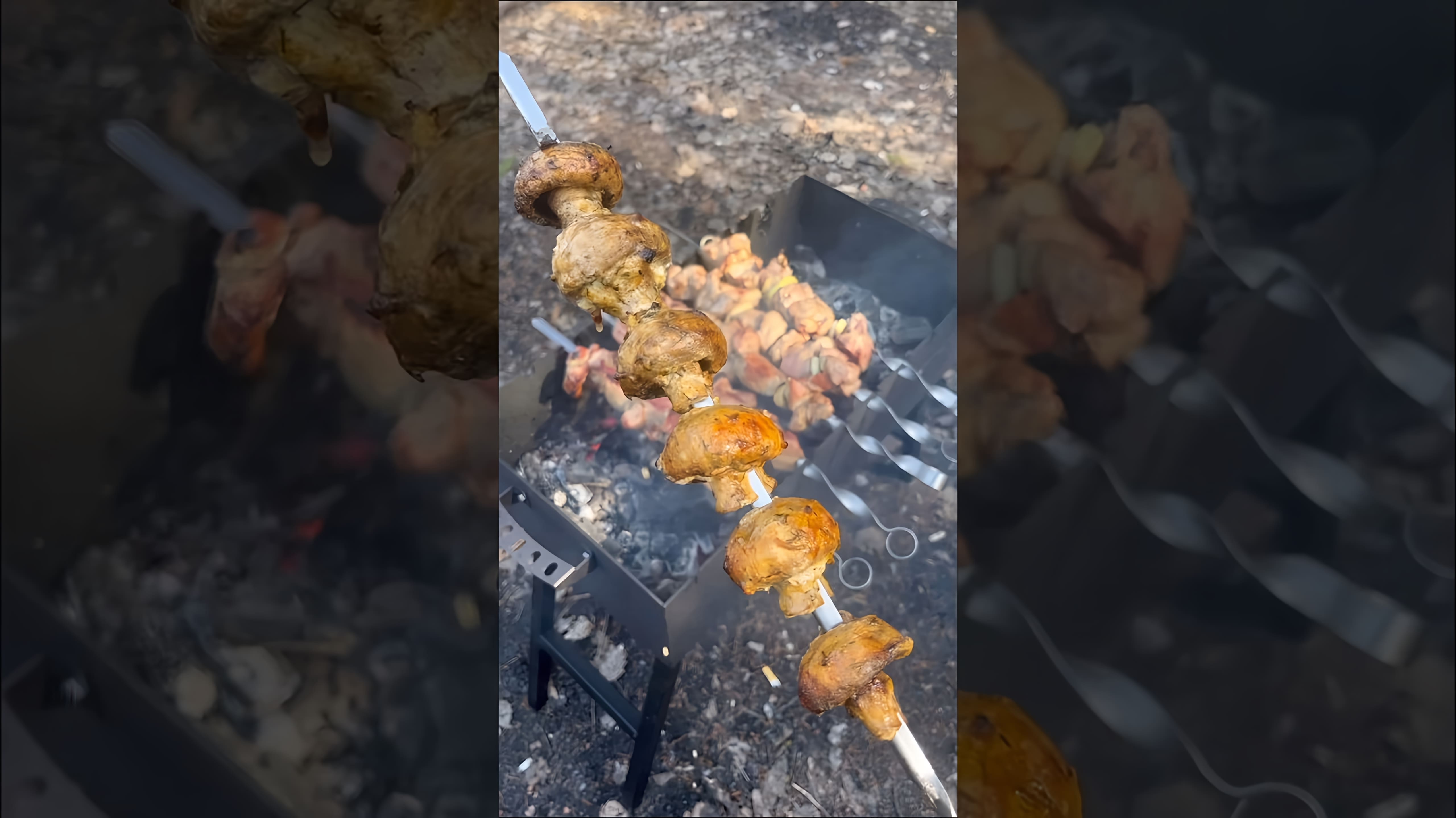В этом видео демонстрируется рецепт приготовления шашлыка из шампиньонов, маринованных в майонезе