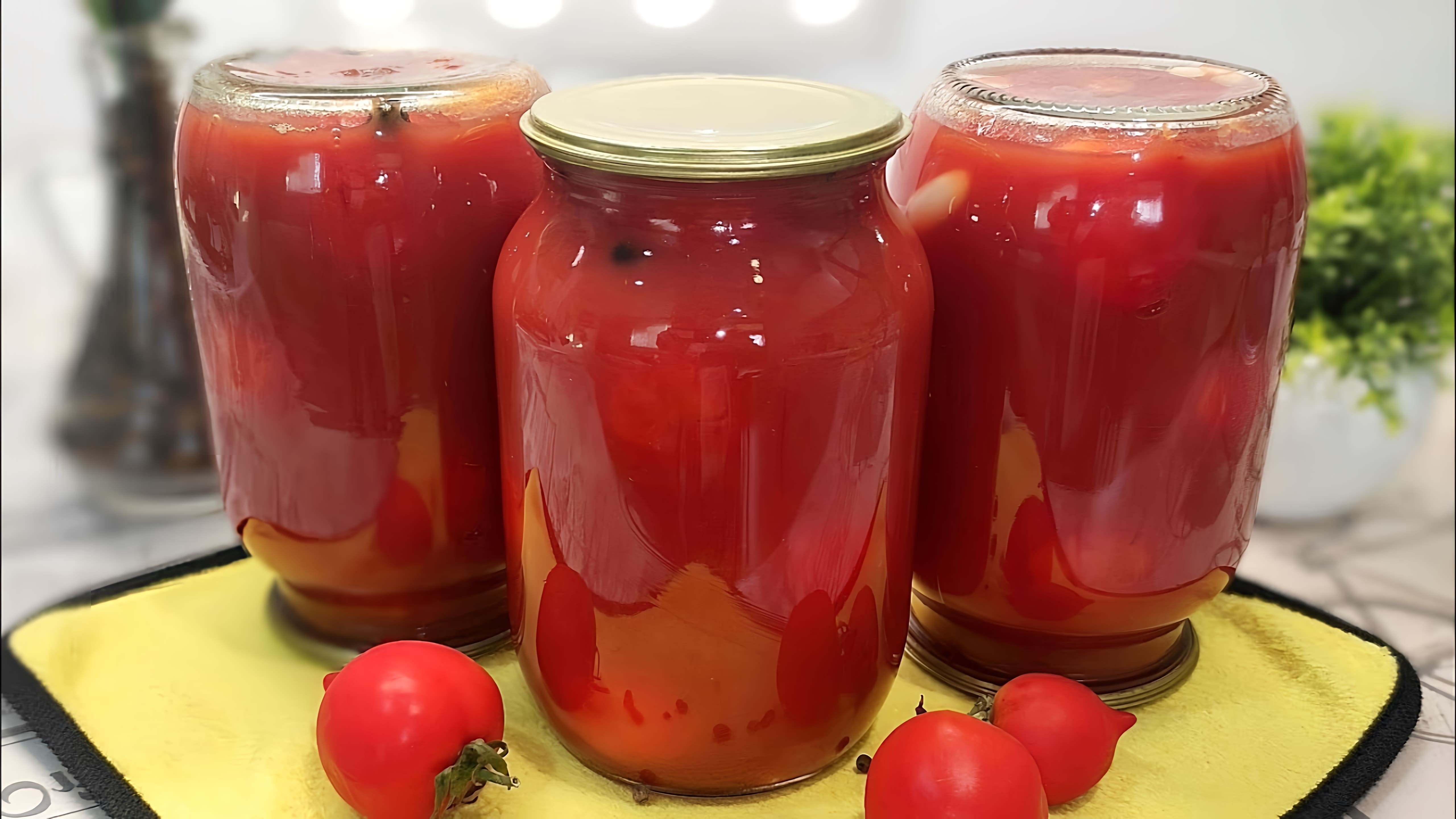В данном видео демонстрируется рецепт приготовления помидоров в магазинном томатном соке на зиму без стерилизации