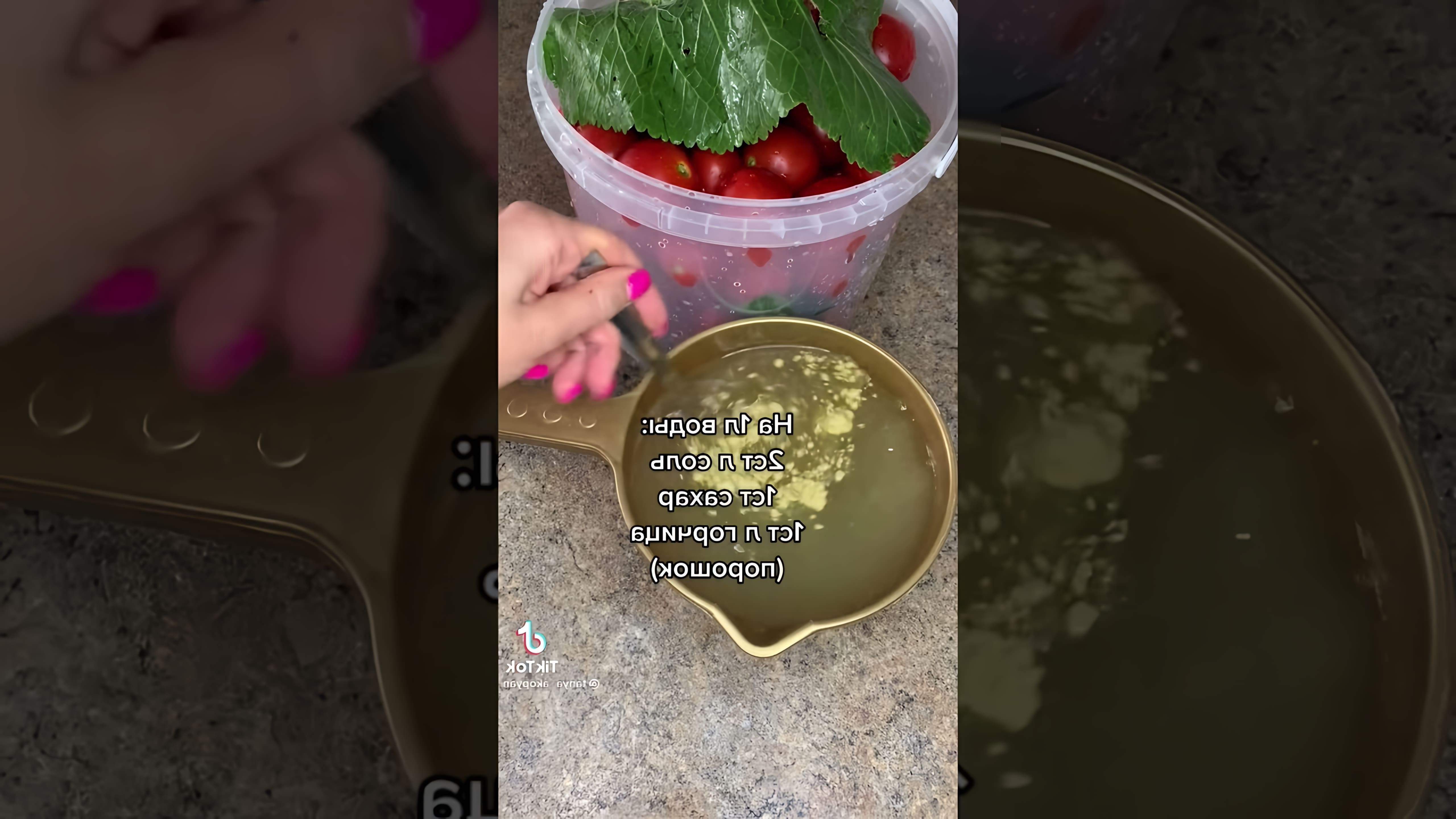 Видео демонстрирует рецепт квашеных помидоров