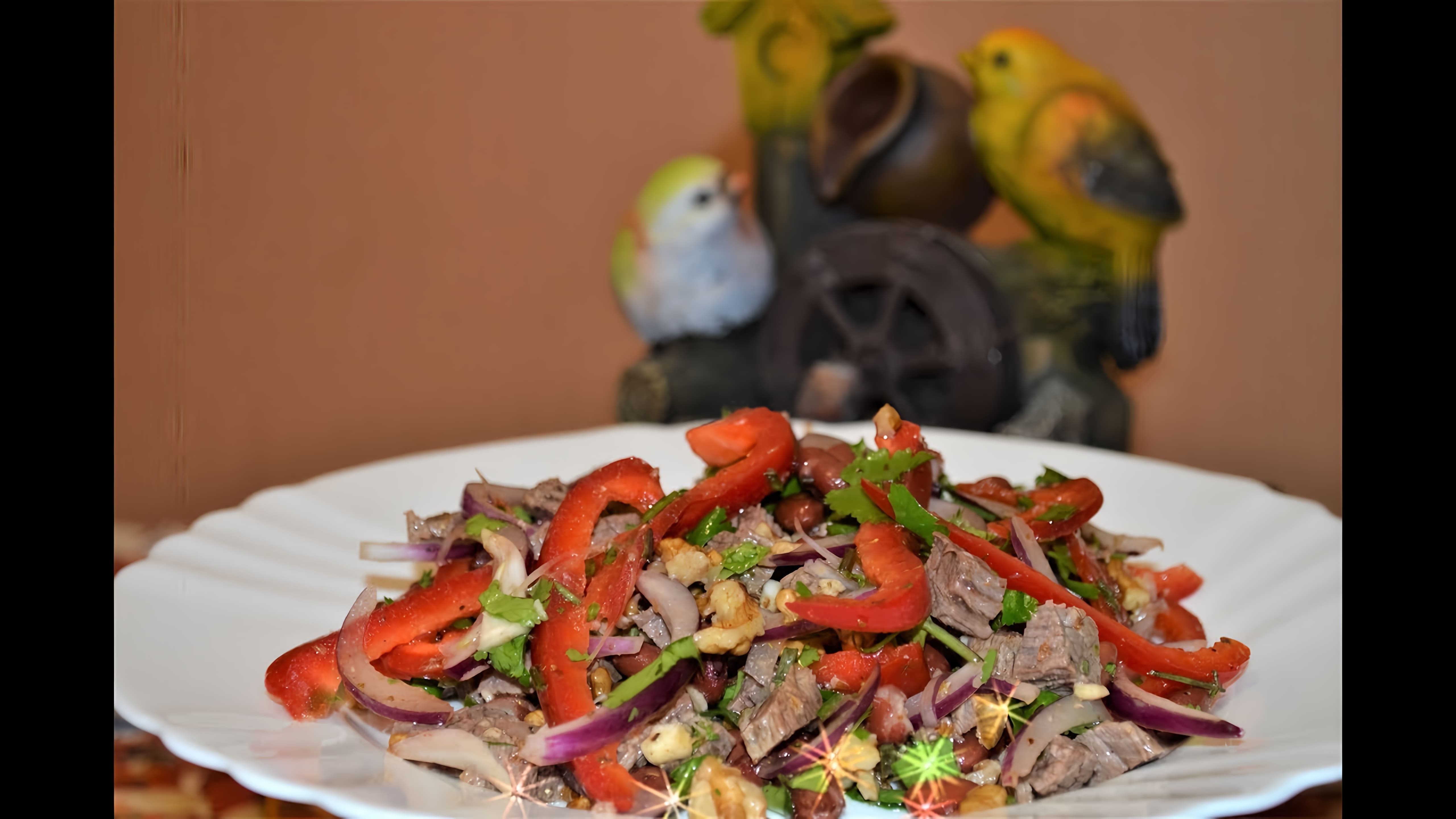 В этом видео демонстрируется рецепт салата "Тбилиси" с красной фасолью и говядиной