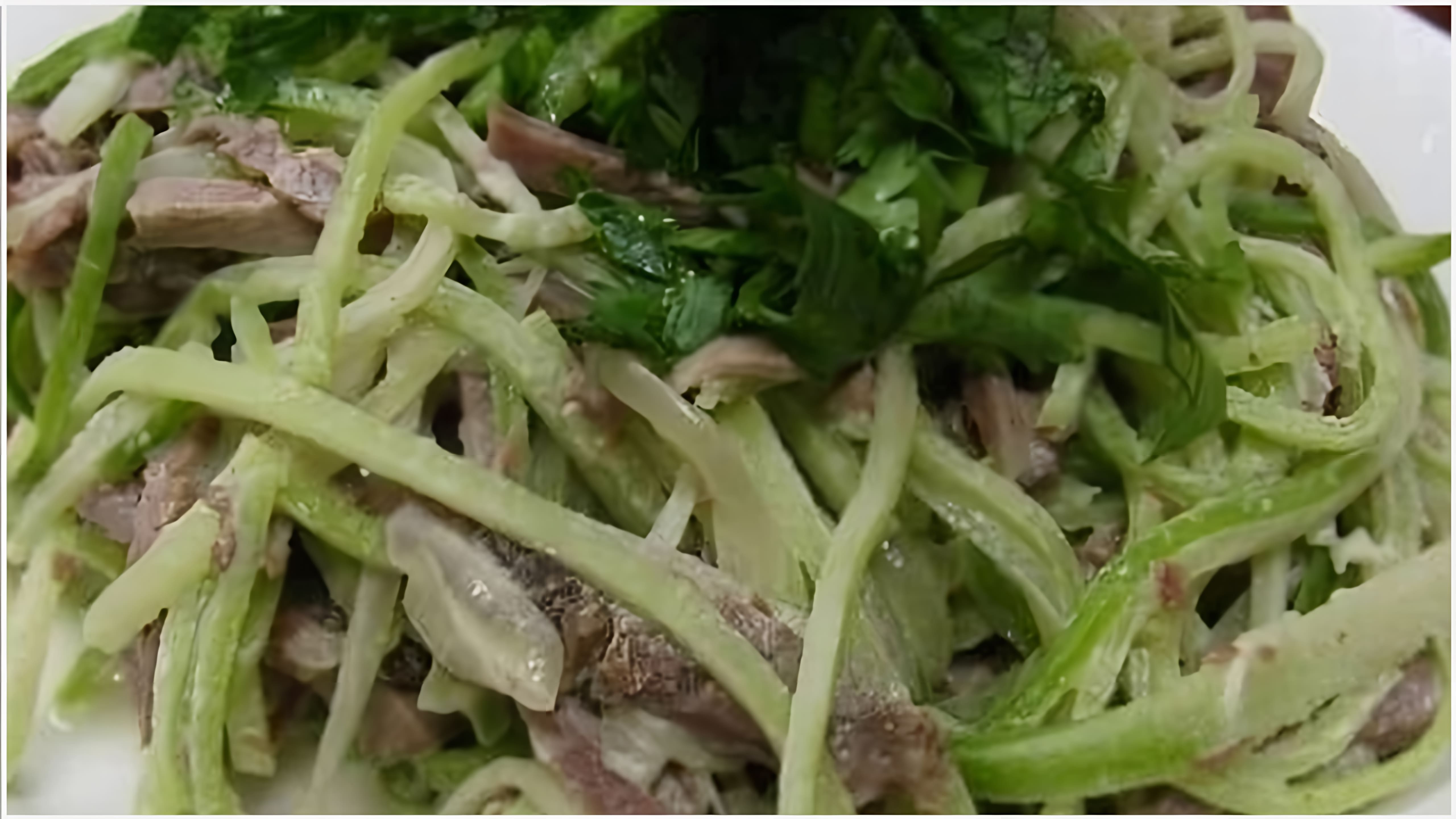 Очень вкусный салат из зелёной редьки с мясом - это видео-ролик, который демонстрирует процесс приготовления вкусного и полезного салата из зелёной редьки с мясом