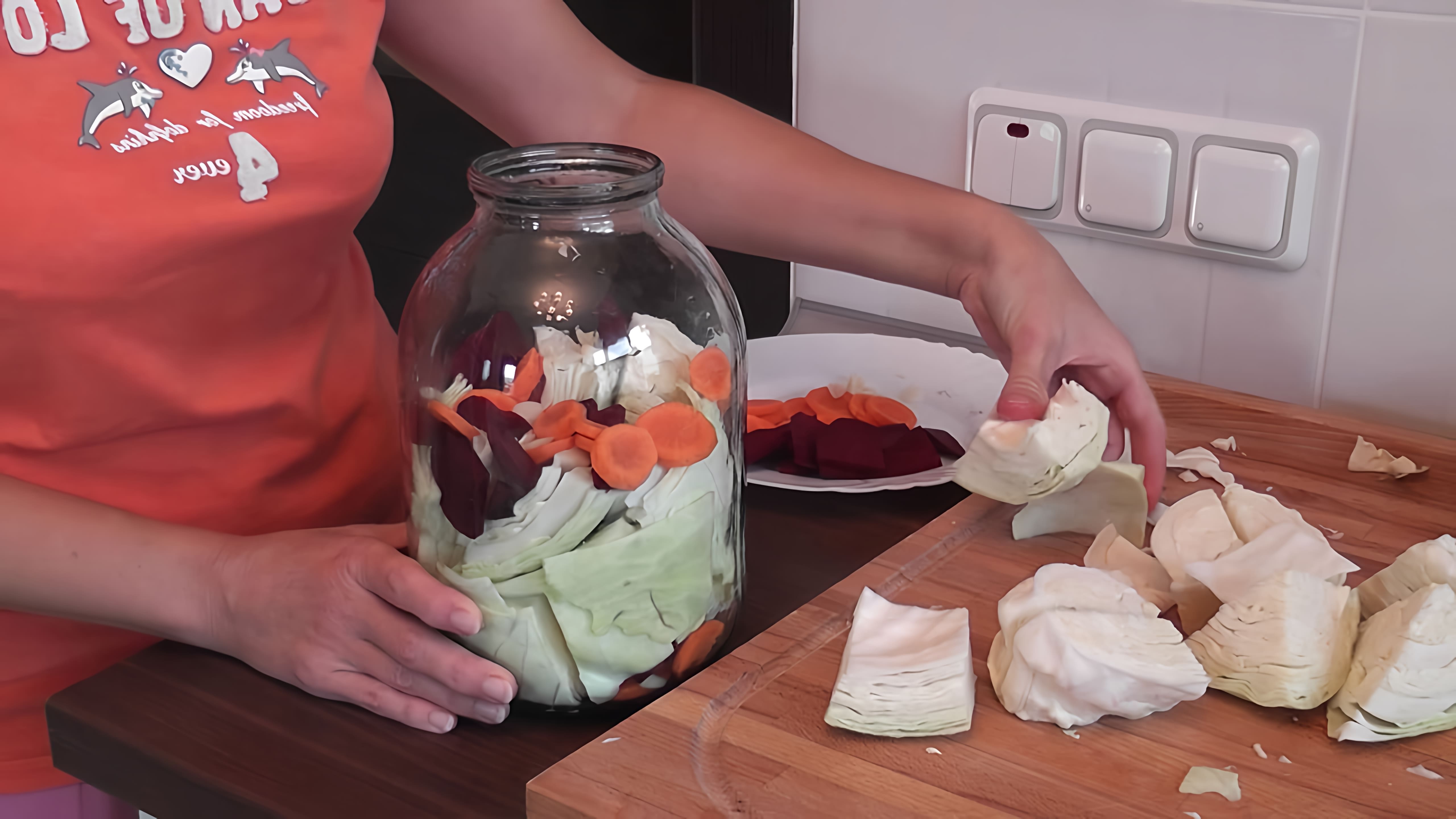 В данном видео демонстрируется процесс приготовления маринованной капусты со свеклой и морковью