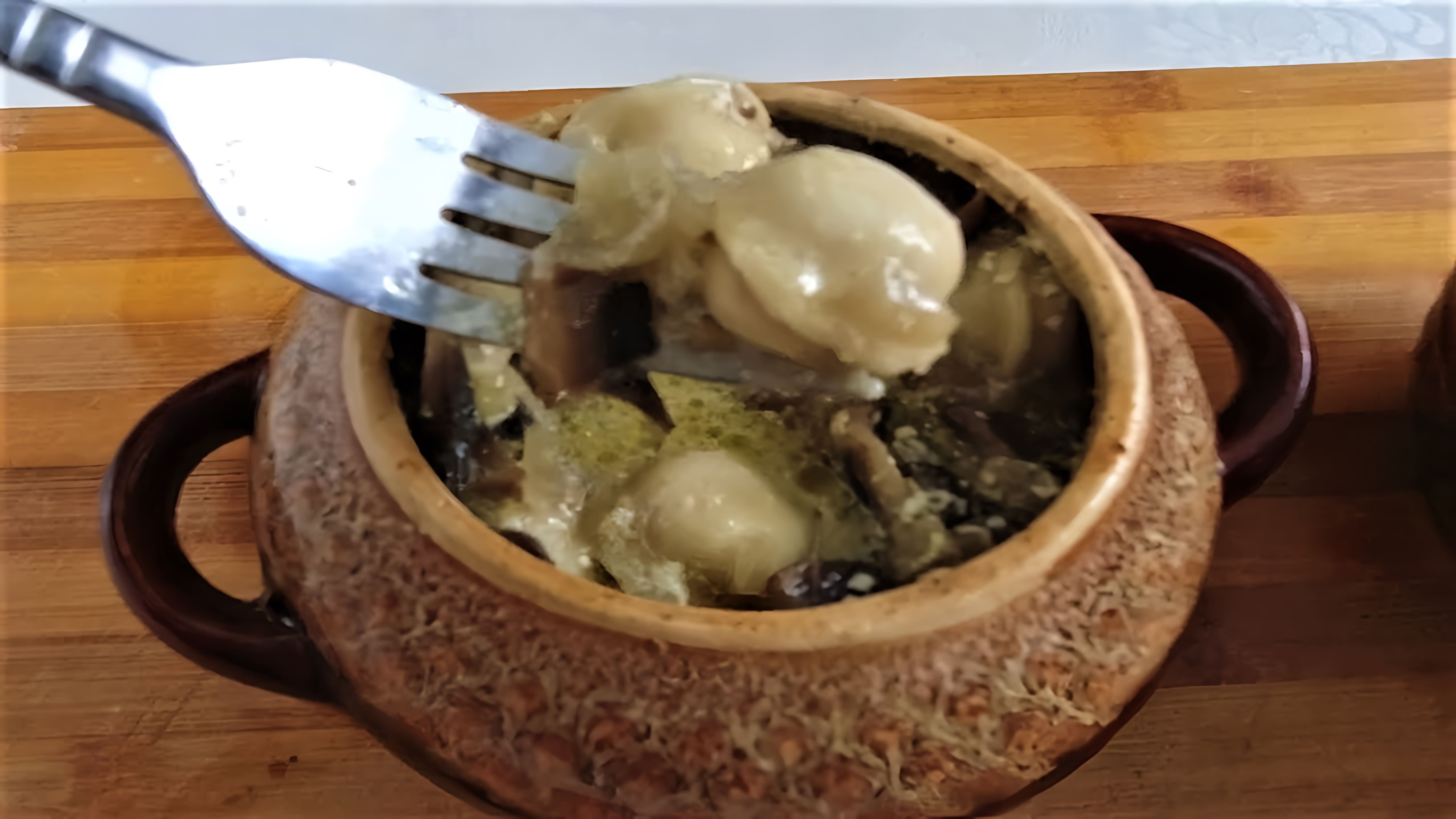 В этом видео демонстрируется рецепт приготовления пельменей в горшочках с грибами в сметанном соусе
